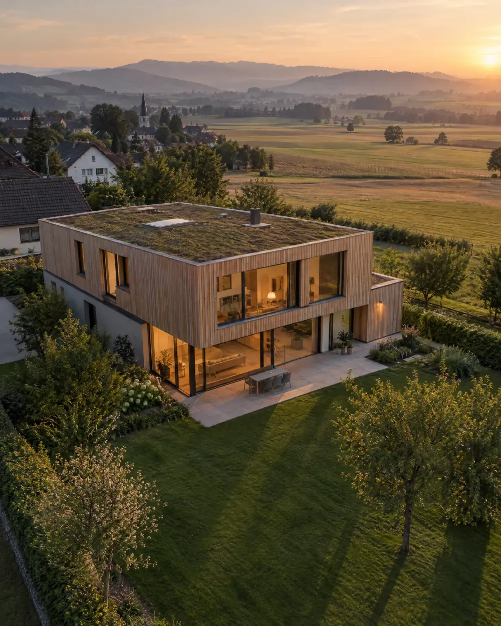 Drohnenfoto eines modernen Einfamilienhauses mit Holzfassade am Dorfrand im Abendlicht