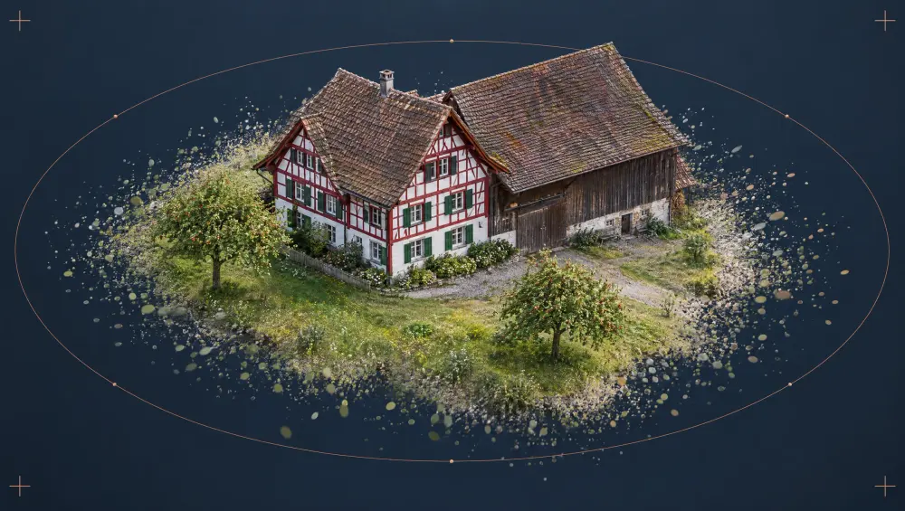 3D-Modell eines Thurgauer Riegelhauses mit Scheune, per Gaussian Splatting aus Drohnenbildern berechnet