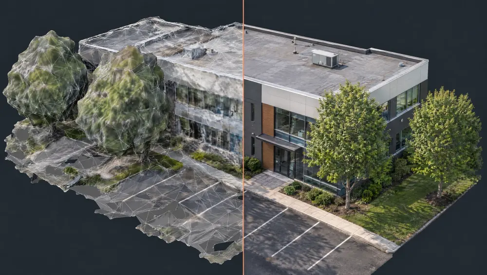 Vergleich: klassisches 3D-Gittermodell links, fotorealistisches Gaussian-Splatting-Modell rechts